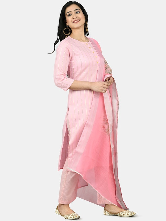Myshka Women Pink Striped A-Line Pure Cotton Kurta with Trousers & Dupatta