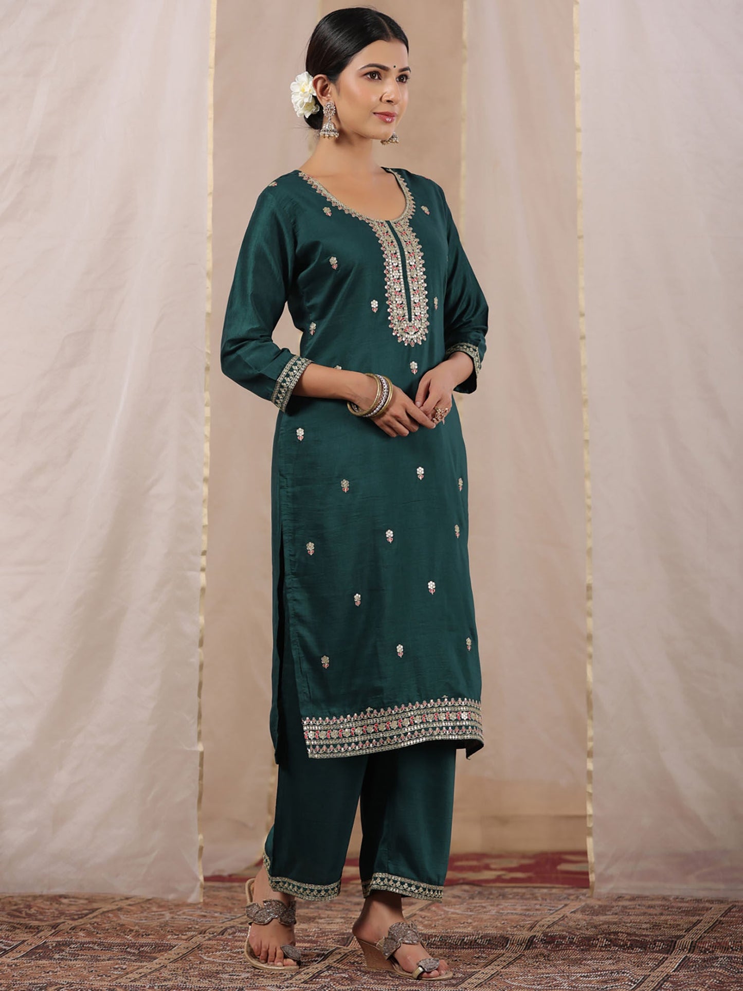 ISHIN Women's Green Zari Work Ethnic Motifs Poly Silk Straight Kurta