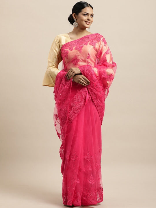 Kasee Red Floral Embroidered Net Saree