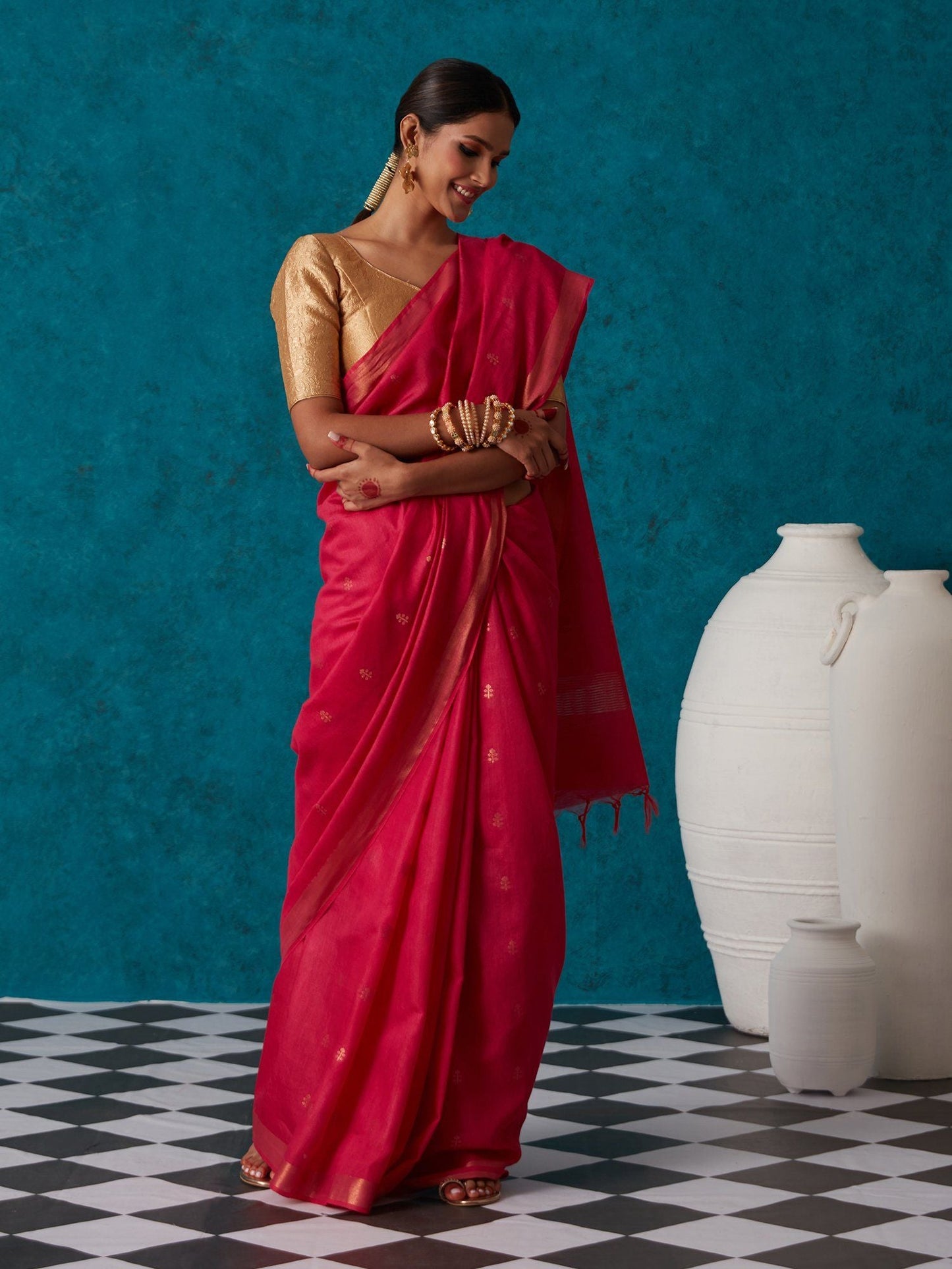 Likha Pink Bhagalpuri Festive Linen Zari Saree & Unstitched Blouse LIKSAR37 (Free Size)