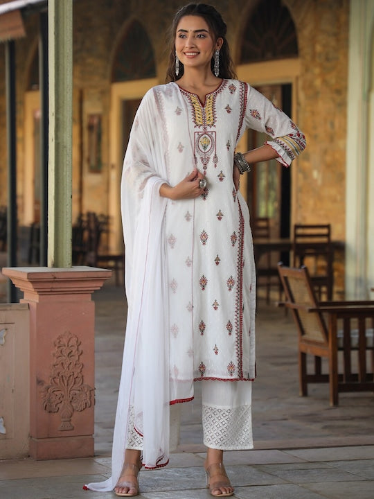 Juniper White Ethnic Motifs Embroidered Mirror Work Kurta with Trousers & With Dupatta - XXL