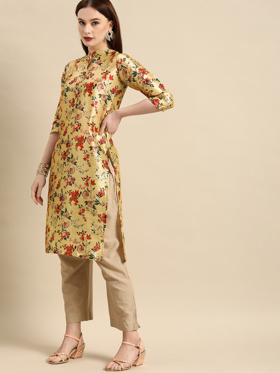 All about you Women Mustard Yellow & Red Floral Print Chanderi Silk Blend Straight Kurta