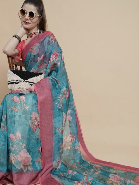 AKS Floral Printed Organza Saree
