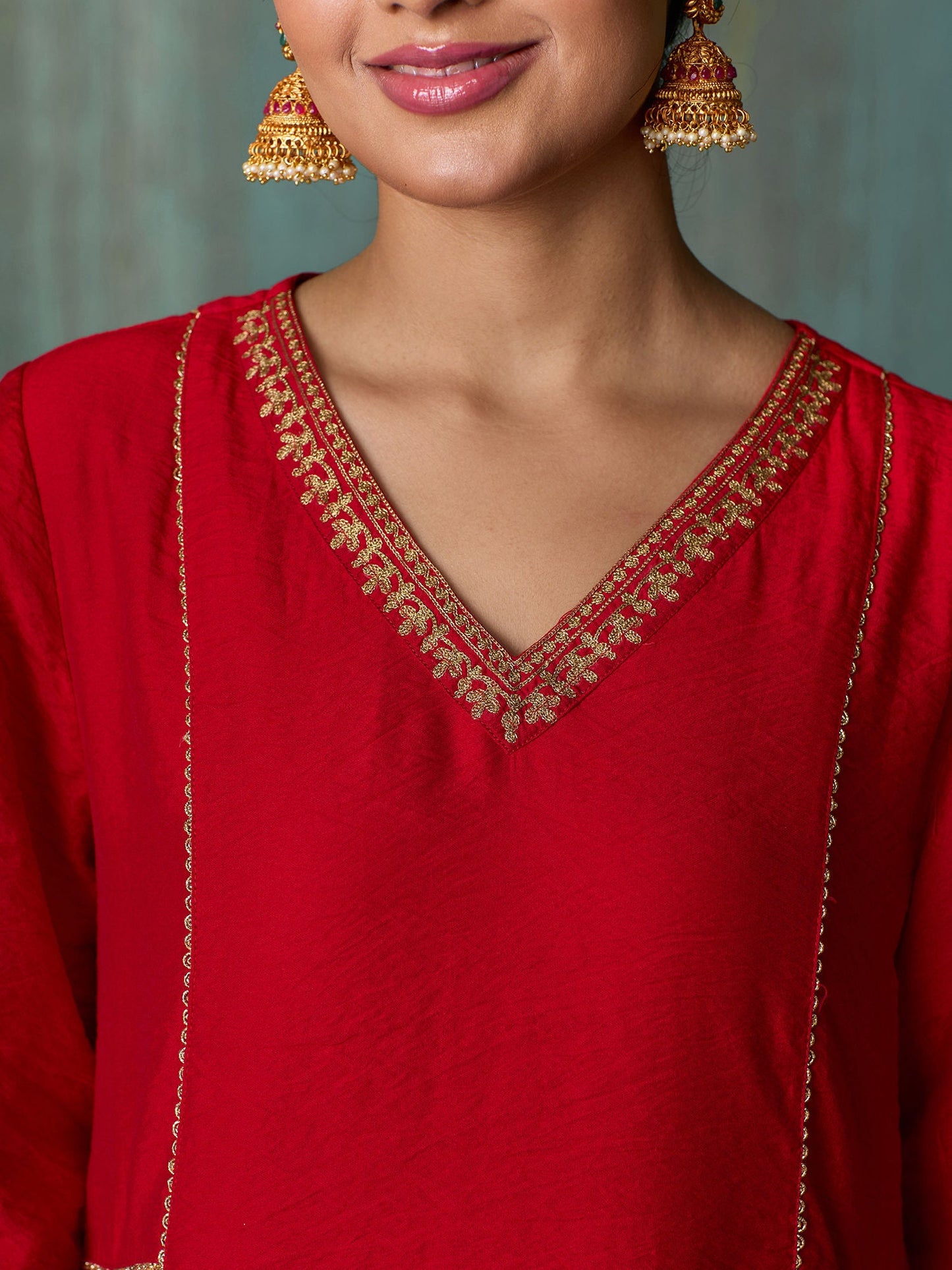 Likha Red Tyohar Viscose Chanderi Embroidered Kurta Pant & Dupatta LIKSKD273 (Set of 3)