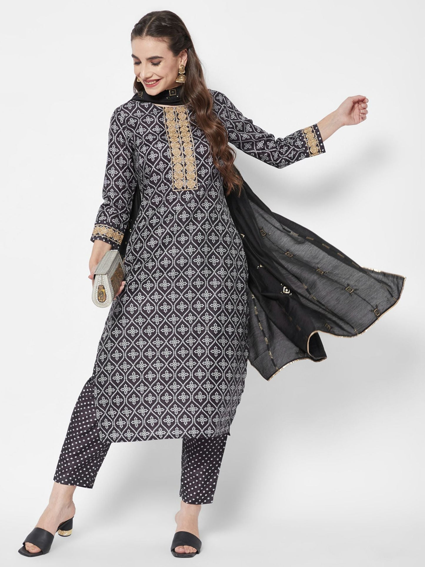 Heeposh Women Bandhej Printed Kurta with Dupatta (Set of 3) - 2XL