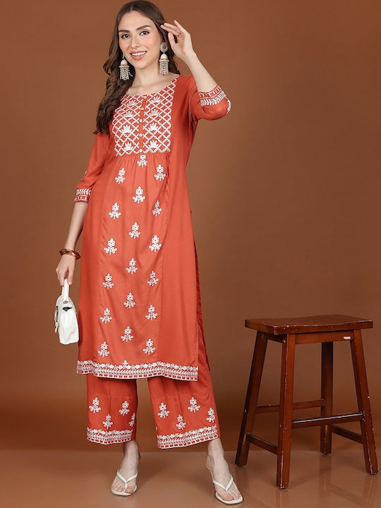 Vishudh Orange Ethnic Motifs Embroidered Regular Kurta With Palazzos - L