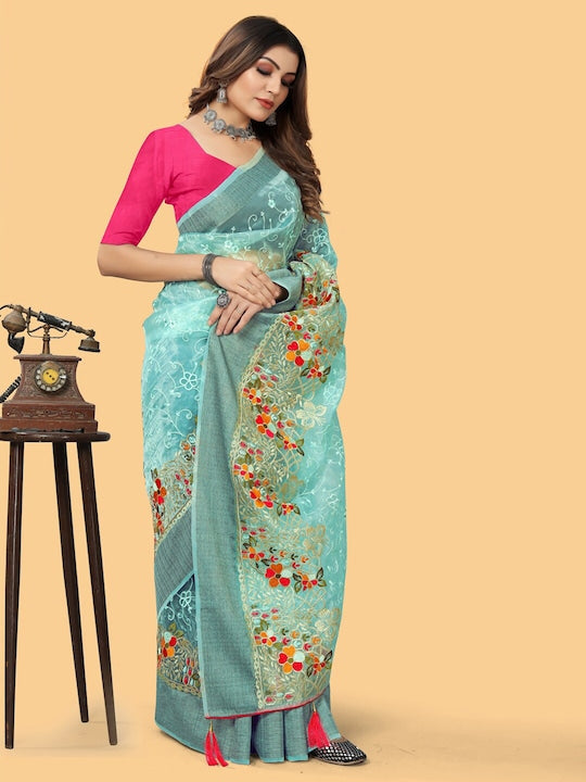 Sangria Blue & Red Floral Embroidered Organza Bagh Saree