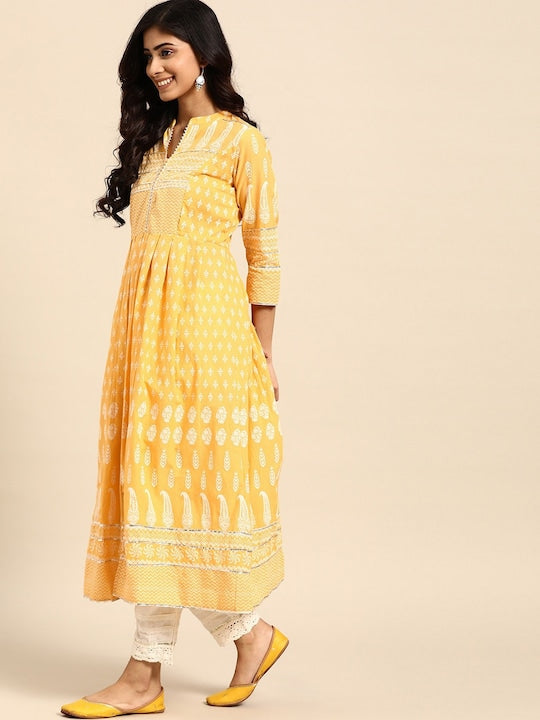 All about you Yellow Ethnic Motifs Printed Gotta Patti Detailed Cotton A-Line Kurta