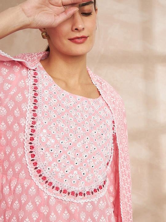 All about you Floral Printed Thread Work Pure Cotton Kurta With Trousers & Dupatta