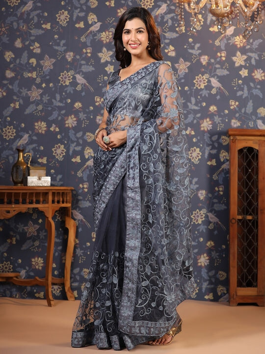 House of Pataudi Floral Embroidered Net Sarees