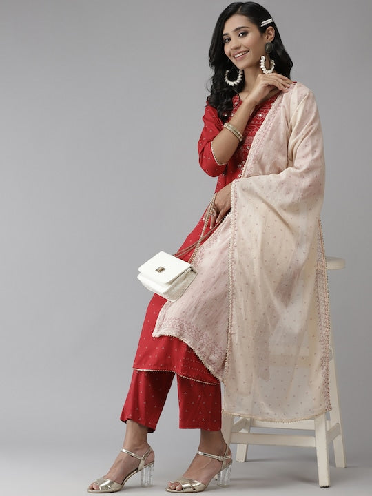 Anubhutee Women Red Ethnic Motifs Printed Regular Kurta with Palazzos & With Dupatta