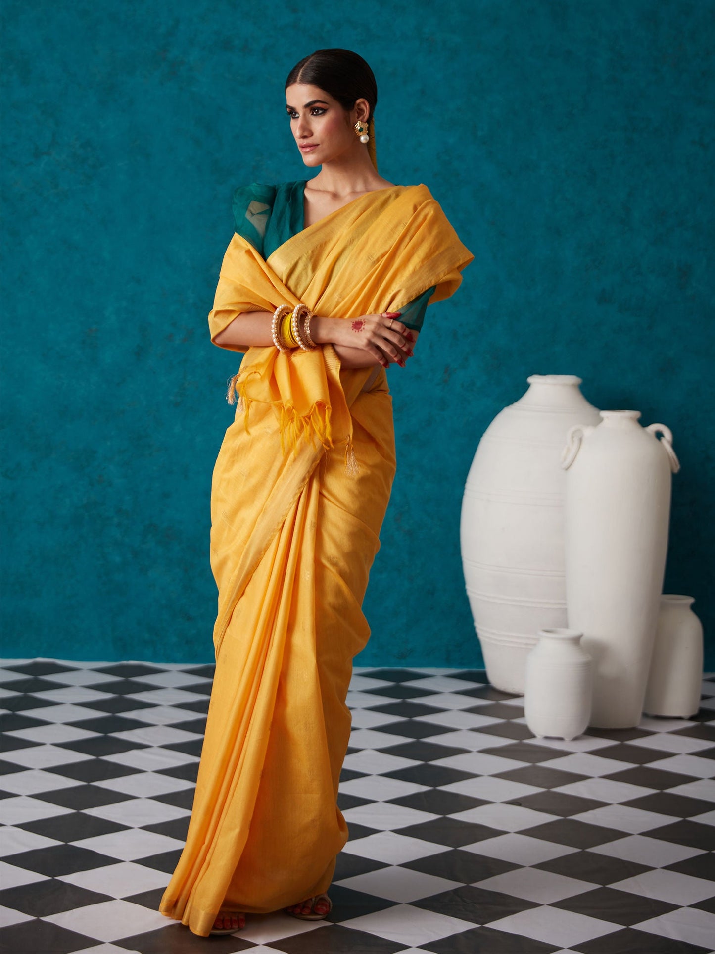 Likha Yellow Bhagalpuri Festive Linen Zari Saree & Unstitched Blouse LIKSAR36 (Free Size)