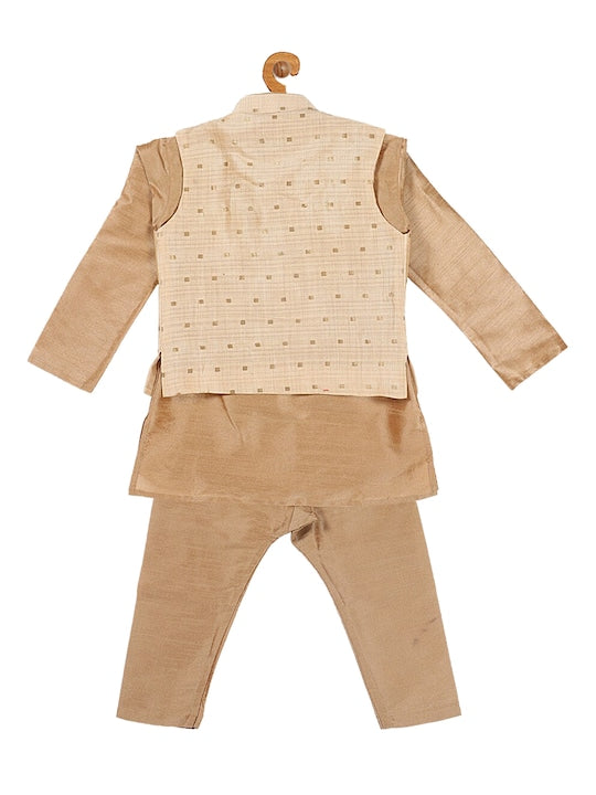 Vastramay Sishu Infant Boys Rose Gold Silk Blend Kurta & Pyjamas With Gold Woven Nehru Jacket