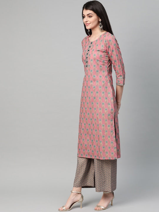 Yufta Women Pink & Blue Printed Kurta with Palazzos & Dupatta