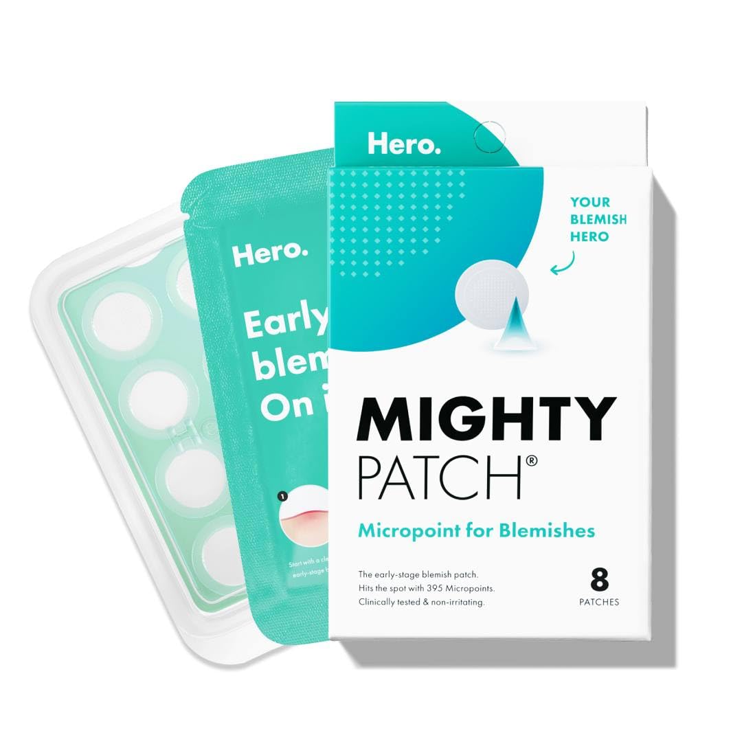 Mighty Patch Micropointª for Blemishes from Hero Cosmetics - Hydrocolloid Acne Spot Treatment Patch for Early Stage Zits and Hidden Pimples, 395 Proprietary Micropoints (8 Patches)