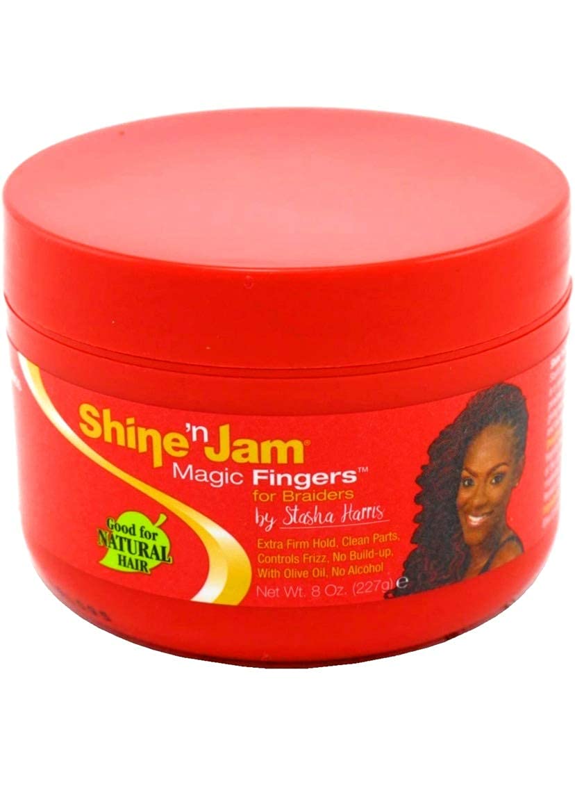 Ampro Shine-n-Jam Magic Fingers Gel for Braids - Provides Firm Hold with Non-Greasy Shine - Strengthens Hair with Silk Proteins - Works on Any Hair Texture to Create Multiple Styles - 8 oz