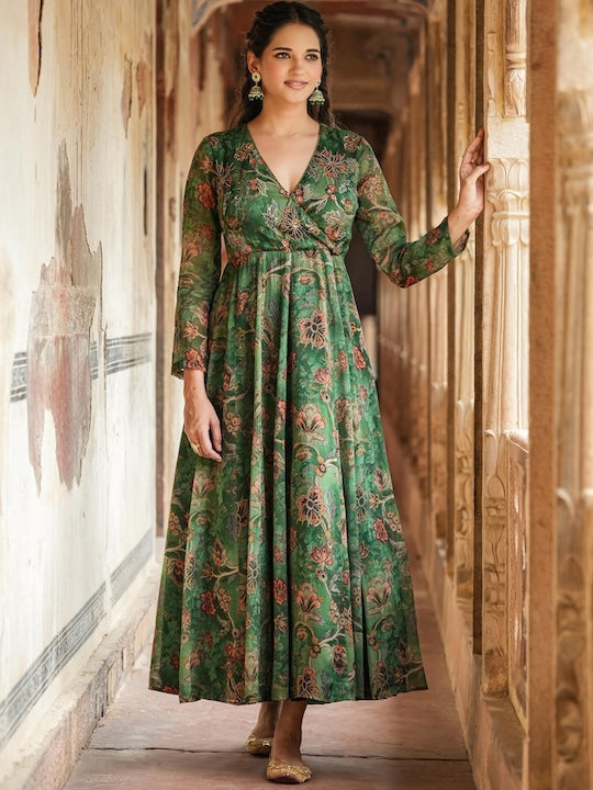 Scakhi Floral Printed Sequined Silk A Line Ethnic Dress