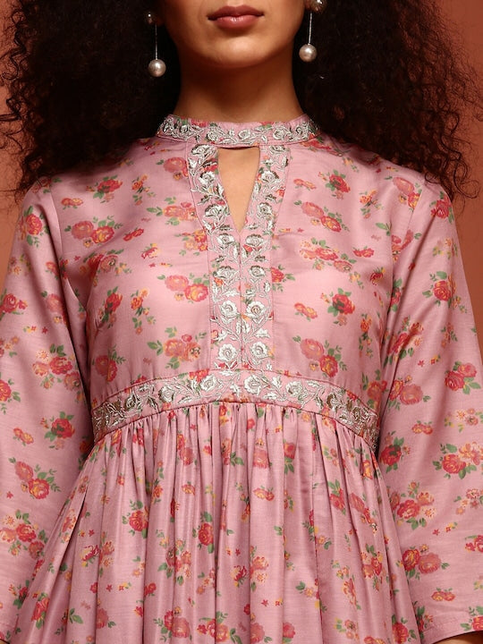 IMARA Floral Printed Empire Keyhole Neck Anarkali Kurta & Trousers With Dupatta