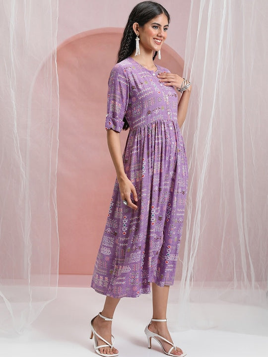 Vishudh Geometric Printed Roll-Up Sleeves Gathered Detail A-Line Midi Dress