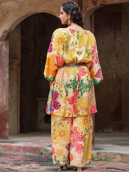 Scakhi Floral Printed V-Neck Anarkali Kurta With Palazzo