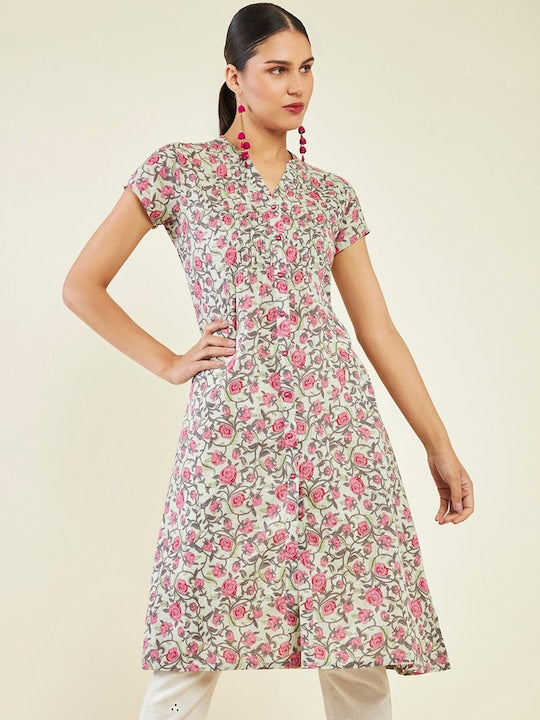 Soch Floral Printed Band Collar Pure Cotton Kurta