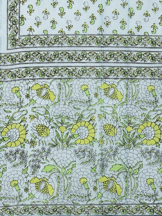 Yufta Women Yellow & Green Block Printed Pure Cotton Kurta with Trousers & Dupatta