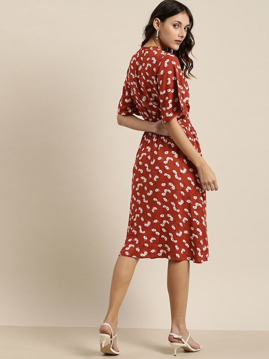 All about you Rust Red & White Floral Printed Smocked Detailing Fit and Flare Dress