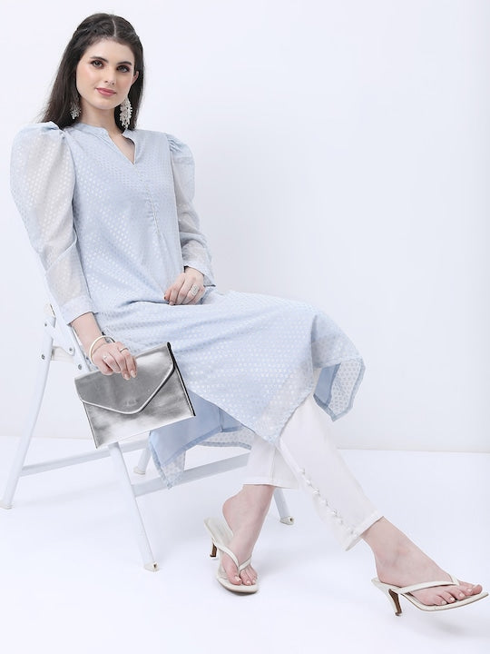 Vishudh Blue Floral Printed Puff Sleeves Straight Kurta