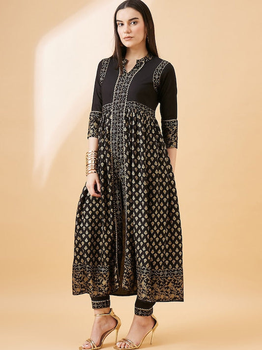 All about you Ethnic Motifs Printed Gotta Patti A-Line Kurta With Trouser