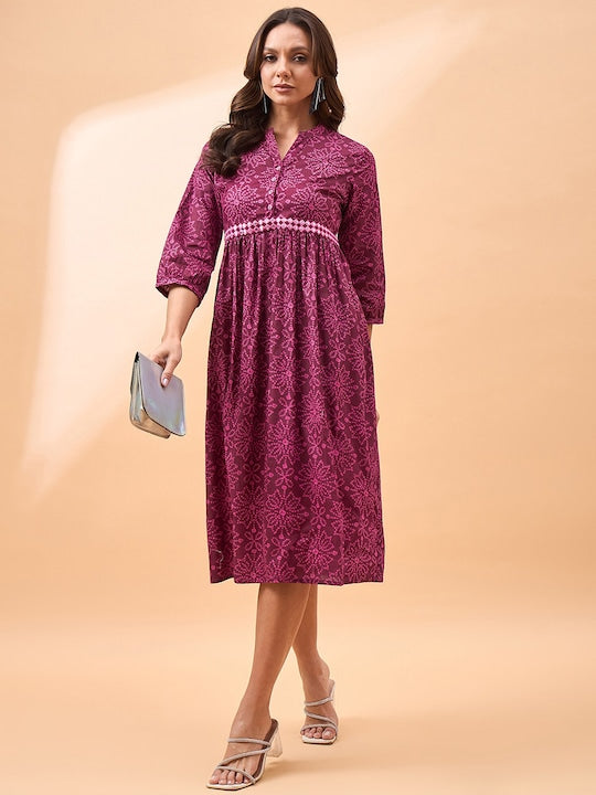 All about you Printed Mandarin Collar Mirror Work Fit & Flare Pure Cotton Midi Dress