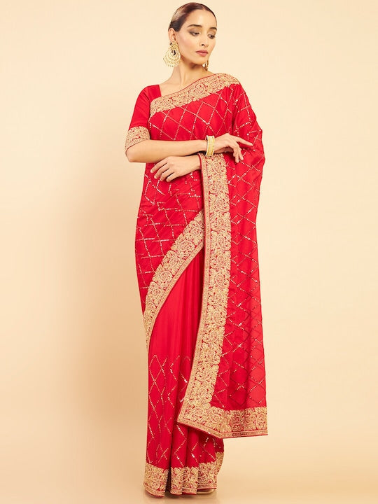 Soch Orange & Gold Toned Sequinned Pure Chiffon Embellished Saree