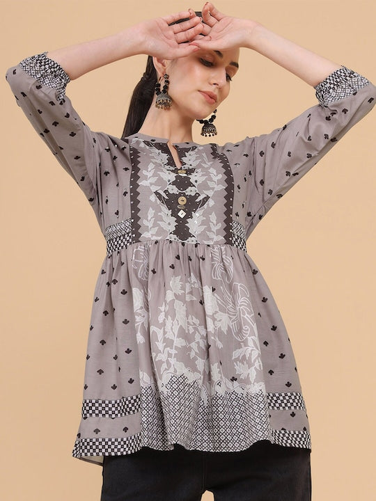 Soch Grey & Black Polka Dots Printed Muslin Top - L