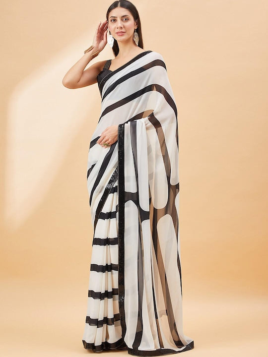 All about you Striped Embellished Pure Georgette Saree