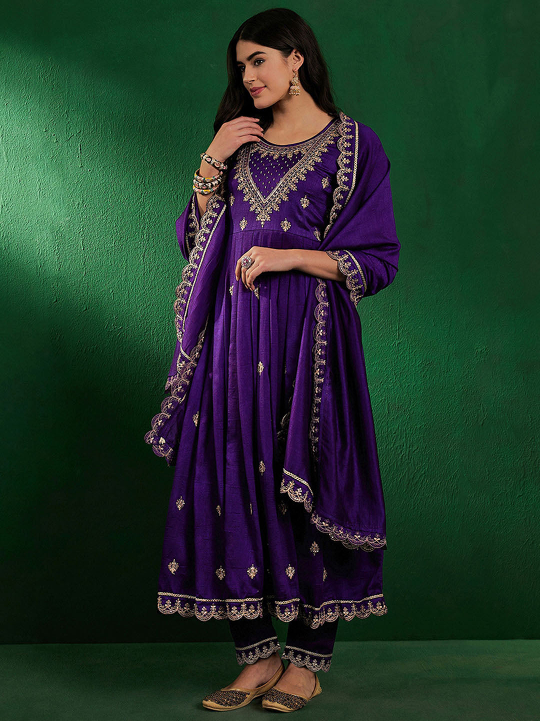 Sangria Embroidered Zardosi Zari Sequined Velvet A-Line Kurta With Palazzos & Dupatta