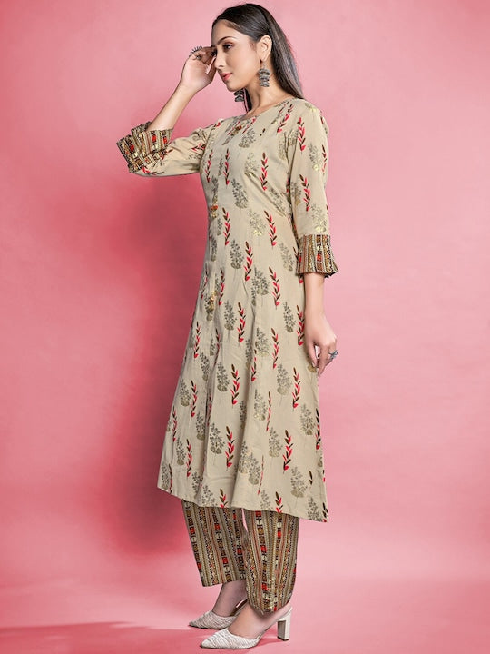 Mitera Floral Printed Regular Pure Cotton Kurta With Trouser