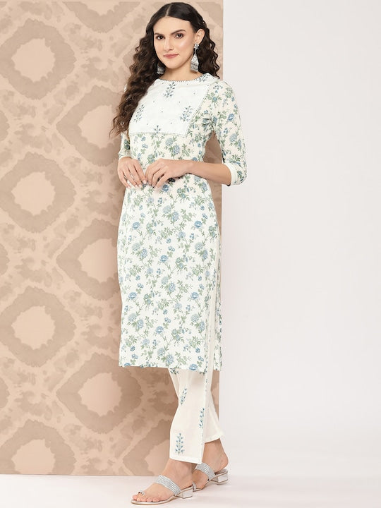Yufta Women Floral Printed Regular Gotta Patti Pure Cotton Kurta with Trousers & Dupatta