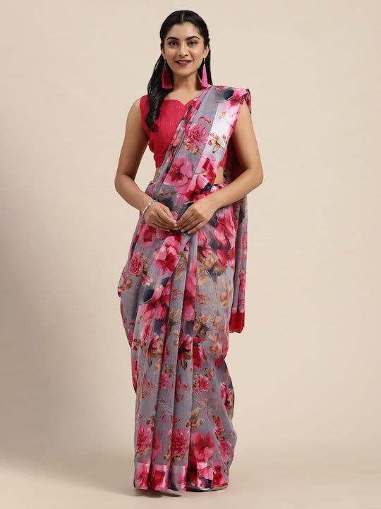 Saree mall Grey & Pink Linen Blend Floral Printed Saree