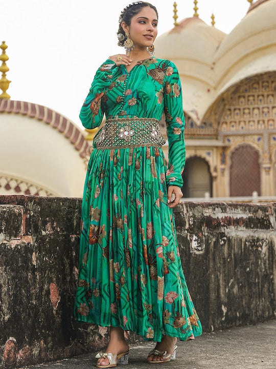 Scakhi Floral Printed Gathered Or Pleated Gown Maxi Ethnic Dresses