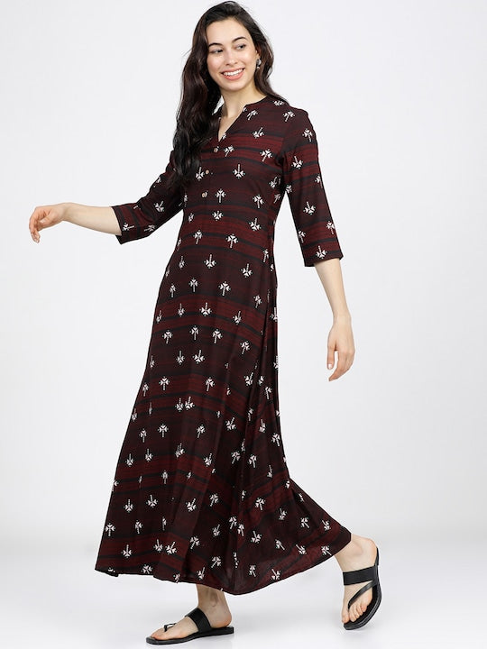 Vishudh Maroon & Black Floral Ethnic Maxi Dress