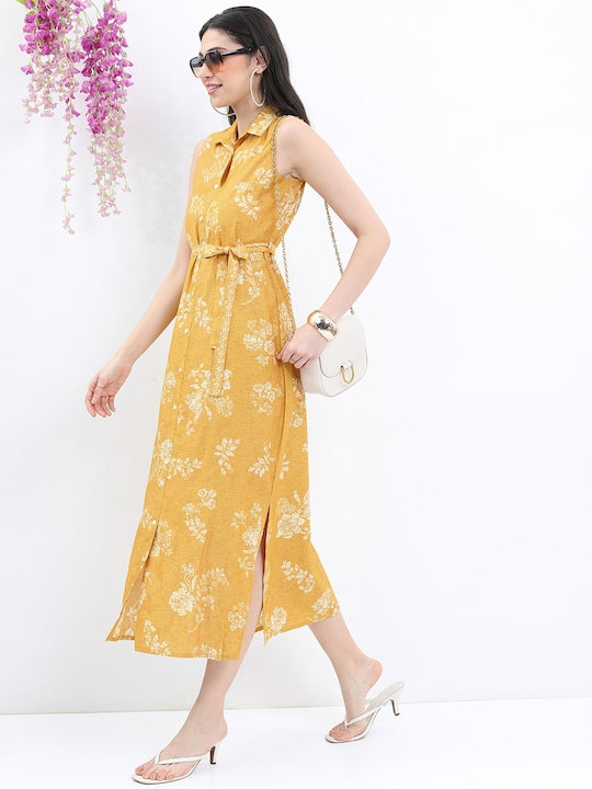 Vishudh Mustard Yellow Floral Tie-Up Neck A-Line Midi Dress
