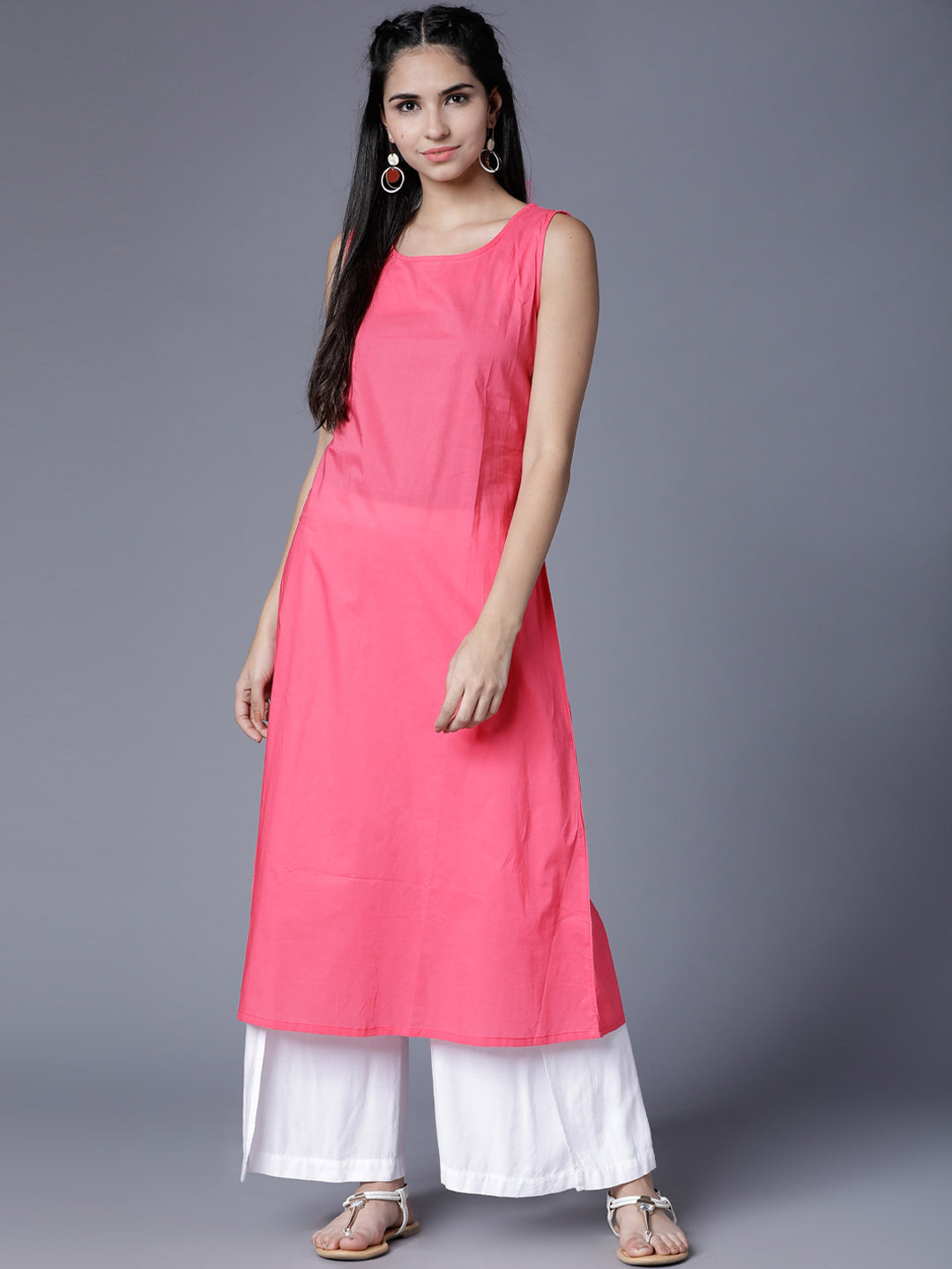 Vishudh Women Pink & White Printed A-Line Kurta