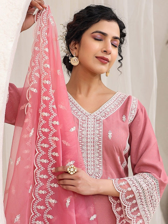 Vishudh Ethnic Motifs Embroidered Thread Work Pure Cotton Kurta with Trousers & Dupatta