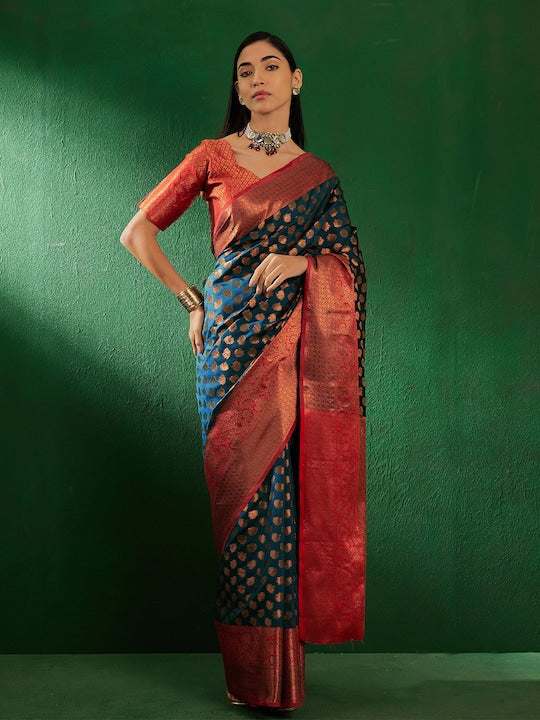 Sangria Blue & Gold Toned Woven Design Zari Banarasi Saree