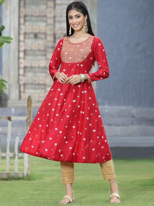 Juniper Women Red Printed Flared Sleeves Kurta