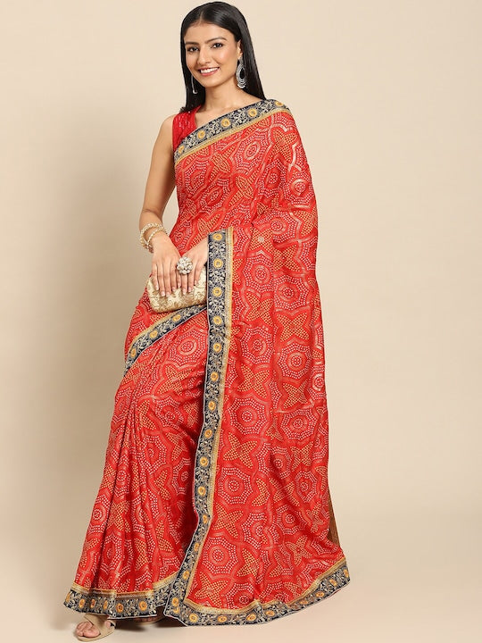All about you Red & Yellow Bandhani Printed Saree