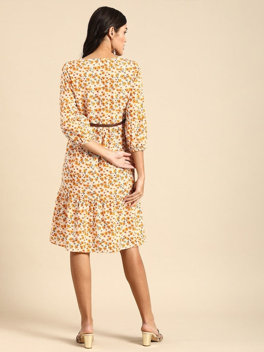 All about you Women White & Mustard Yellow Floral Printed A-Line Dress With A Belt