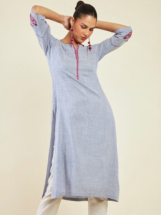 Soch Notched Neck Floral Embroidered Straight Kurta