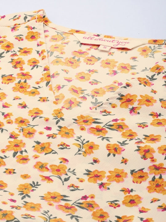 All about you Women White & Mustard Yellow Floral Printed A-Line Dress With A Belt