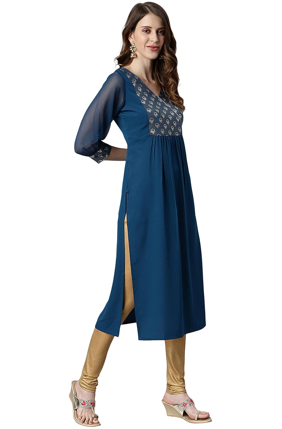 Janasya Women's Teal Poly Crepe Kurta