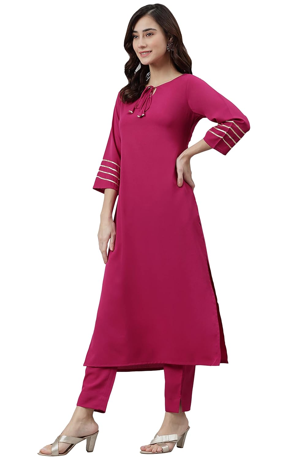 Janasya Women's Magenta Poly Crepe Kurta with Pant